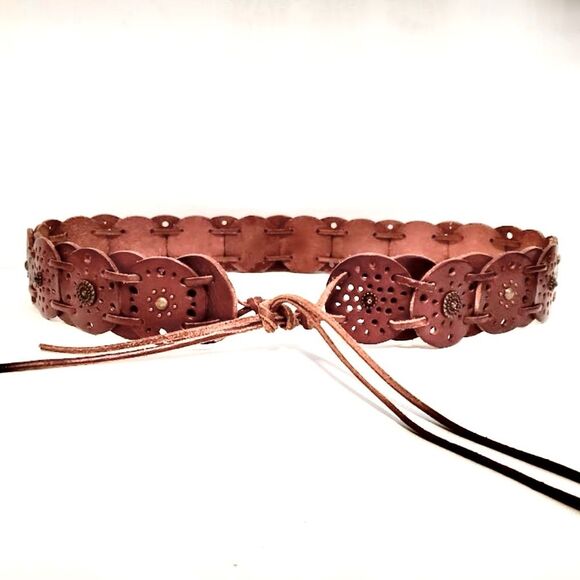 Fossil Dark Brown Leather Concho Western Studded Boho Front Tie Belt L - Picture 2 of 16